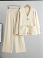 Women Elegant Knitted 2 Piece Sets Korean Knit Single Breasted Sweater Cardigan Tops Conjuntos High Waist Wide Leg Pants Outfit