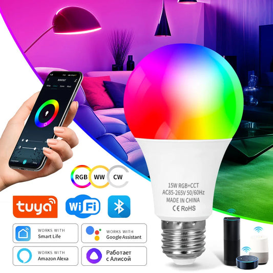 Tuya WiFi Bluetooth E27 Smart Bulb RGBCW 100-240V 15W LED Lamp E27 Light Bulbs App Voice Control Support Alexa Google Home Alice