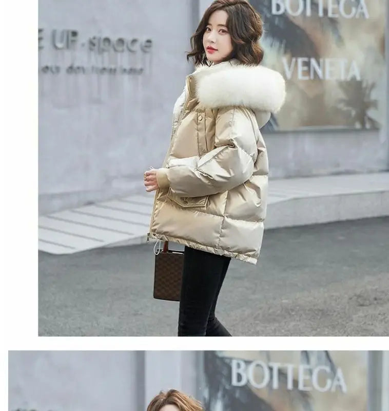 2025 Winter Fashion New Warm Duck Down Jacket Women's Clothes Glossy Fur collar Thicken Parka Short Down Coat Female Trend
