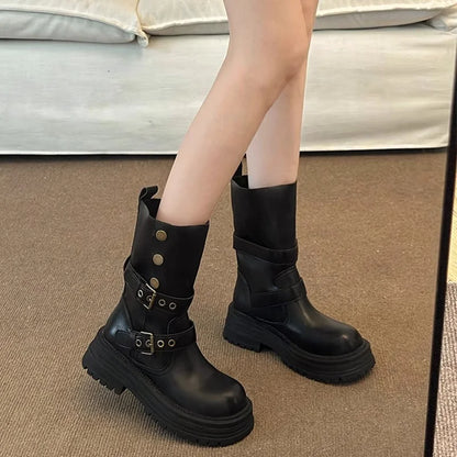 Platform Mid Calf Boots for Women 2025, Mallard Color Furry Lined Winter Shoes with Buckle, Comfortable Thick Sole Boots