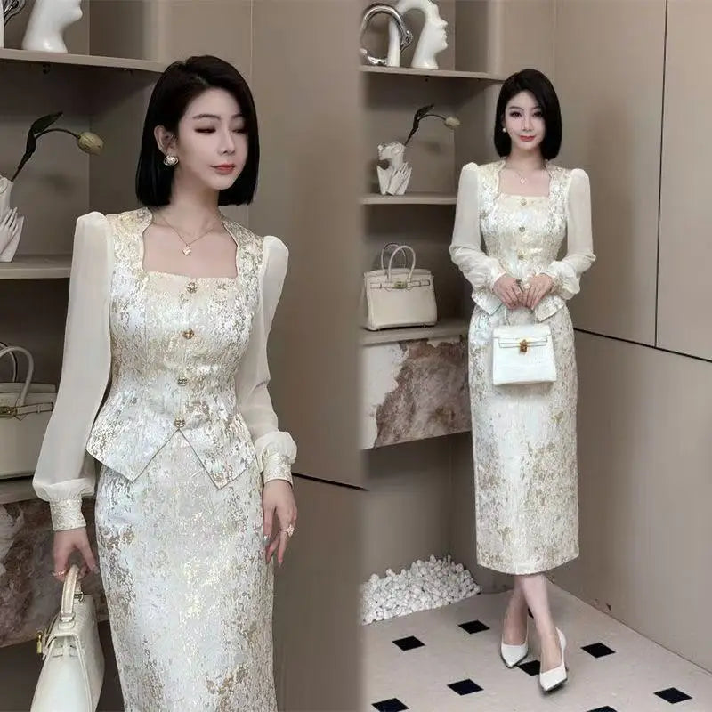 High Quality 2025 Fashion Party Women's Two Pieces Set French Luxury Jacquard Patchwork Tops+High Waist Midi Skirt Women's Suit