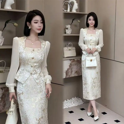 High Quality 2025 Fashion Party Women's Two Pieces Set French Luxury Jacquard Patchwork Tops+High Waist Midi Skirt Women's Suit