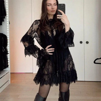 hirigin Women Lace Sheer Dress Sexy See Through Mesh Long Sleeve High Neck Floral Cover Up Cocktail Party Mini Dresses
