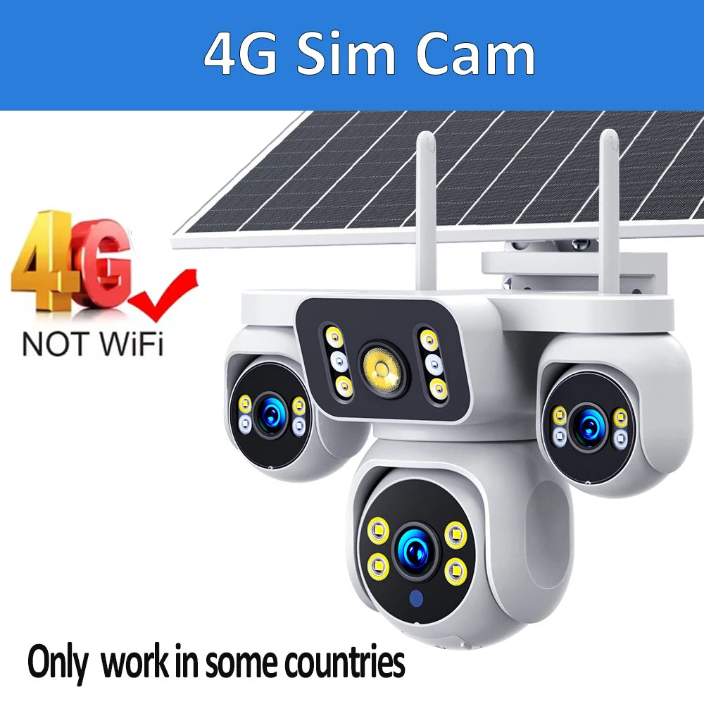 8K 15MP Triple Screen Solar Security Camera 4G LTE Wireless Solar Surveillance Cam 12X Zoom 12000mAh Security Protection CCTV