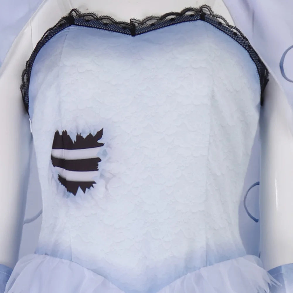 Bride Emily Cosplay Costume Wig Zombie Ghost Emily Blue Printed Dress Gothic Clothing Halloween Party Princess Dress Suit