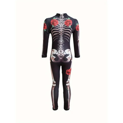 Girls Rose Skeleton Costume Ghost Bride Jumpsuit Halloween Printed Skeleton Dress Up Costume Ladies Scary Cosplay Costume