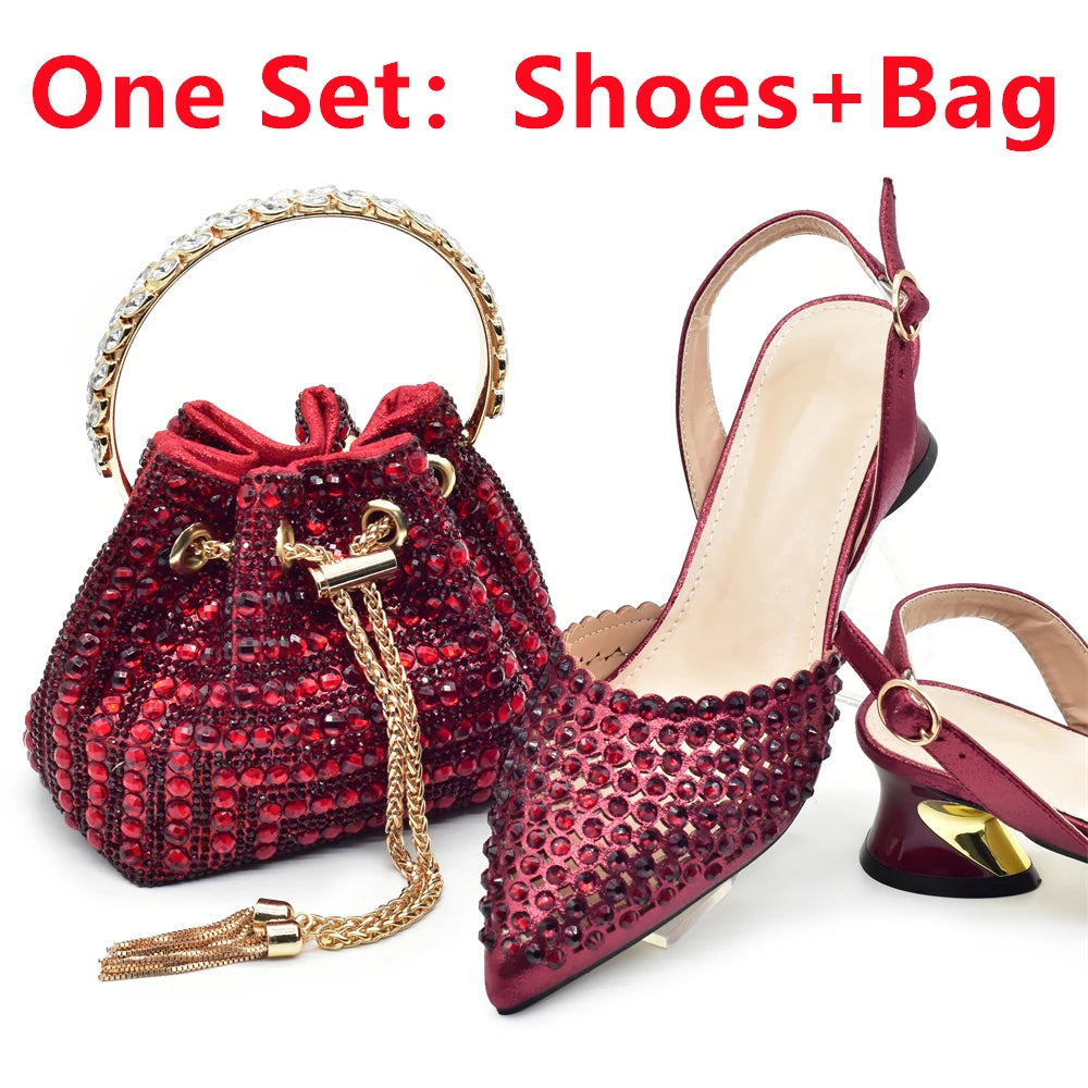 New Fashion Gold Color Shoes and Bags To Match Set Nigeria Party Women's Wedding Bag and Shoe Set Decorated with Rhinestone