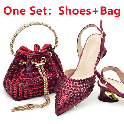 New Fashion Gold Color Shoes and Bags To Match Set Nigeria Party Women's Wedding Bag and Shoe Set Decorated with Rhinestone