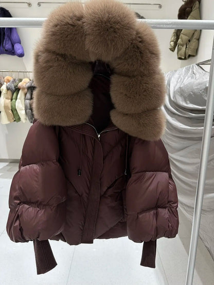 OFTBUY 2025 New Winter Large Real Fur Hooded Puffer Jacket Women Thicken Warm Knitted Sleeve Coat White Duck Down Mid Long Parka