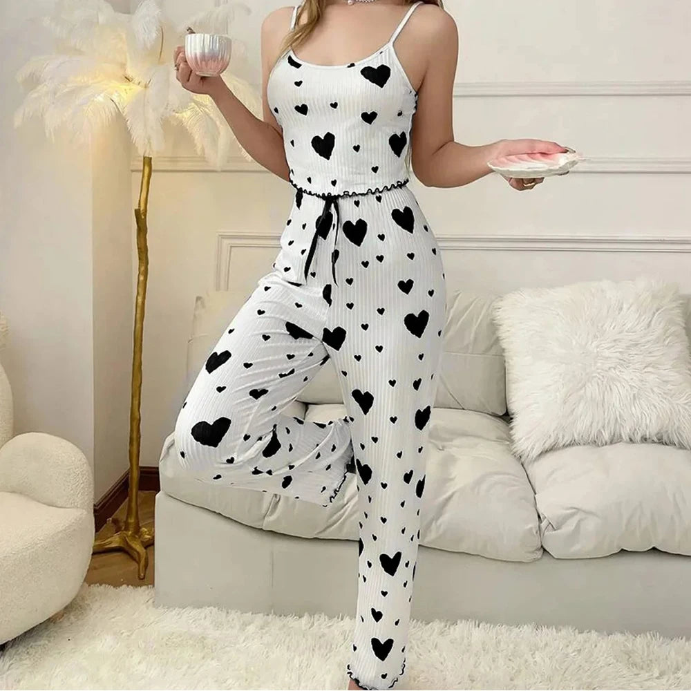 Winter Home Clothes Heart Pattern Strap Vest Women's Sleepwear Two-Piece Set Can Be Worn outside Long Pants warm for Women