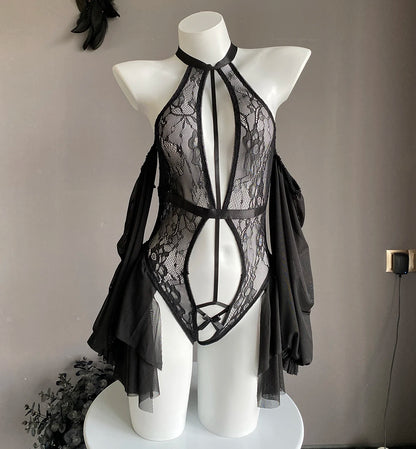 Women Lingerie Sexy Hollow Out Lace Sleepwear Open Chest Charming Nightgowns Erotic Halter Teddy Bodysuits