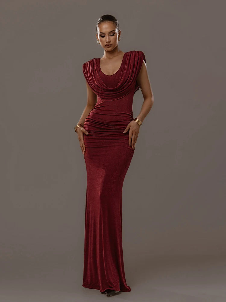 Sisterlinda Ruched Elegant Velvet Dress Women Swing Collar Classic Sexy Fashion Solid Skinny Evening Cocktail Party Long Bodycon