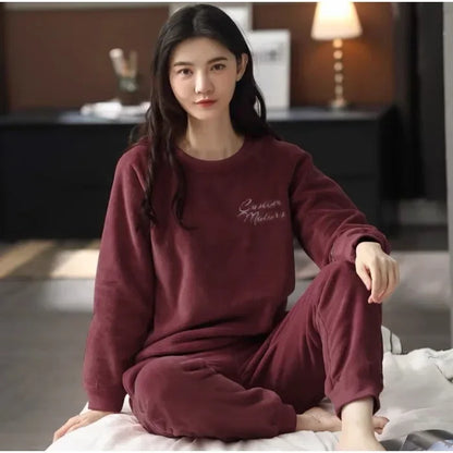 Warm Sleepwear for Winterthickened Warm Flannel Pajamas Student Long Sleeve Cartoon Ladies Loungewear Setpajamas Woman Offer