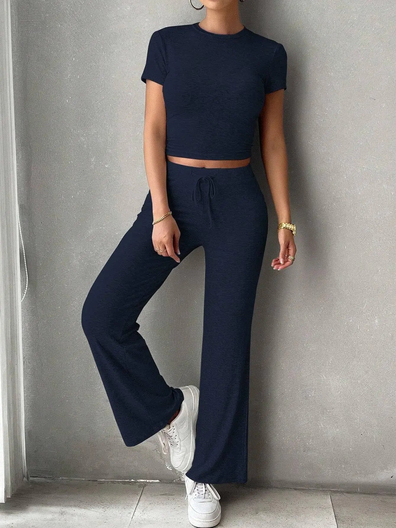 Summer Comfortable Casual Women's Home Sports Set 2025 New Fashionable Solid Color Slim Body Clothes + Trousers Two-piece Set