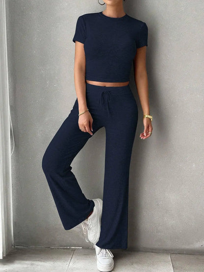 Summer Comfortable Casual Women's Home Sports Set 2025 New Fashionable Solid Color Slim Body Clothes + Trousers Two-piece Set