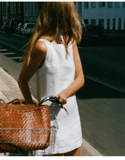 Dresses 2025 Woman Cotton Linen Square Collar Sleeveless Summer White Black Short Mini Holiday Beach Streetwear Elegant Vestidos