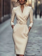 Fashion Party Bodycon Midi Dress Women 2025 Autumn Long Sleeve V-neck Slim Sashes Lace Up Dresses Elegant Robes