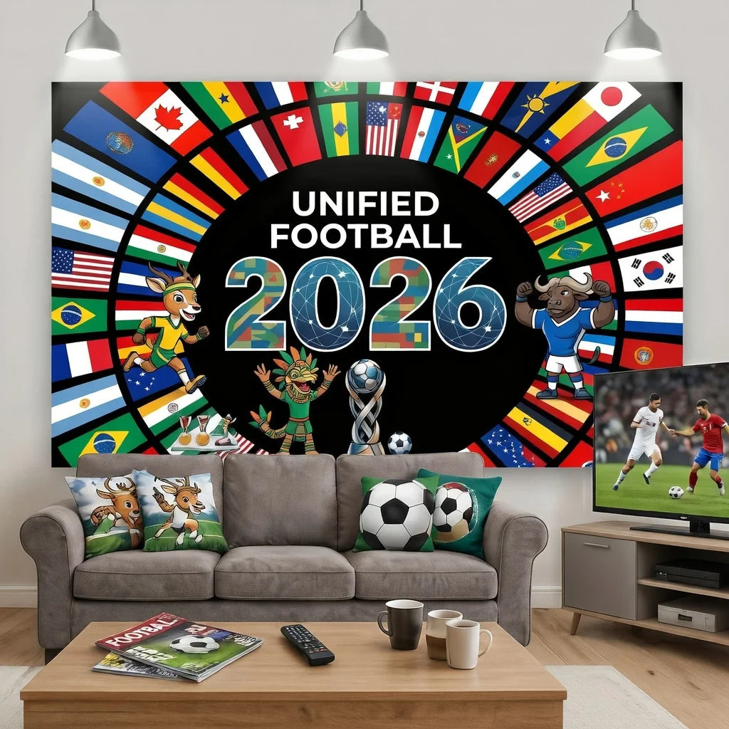 Soccer Cup 2026 Wall Tapestry, World Football Event Decor for Room, Sport Fan Party Backdrop, Graphic Print Hanging Blanket