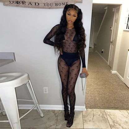 Sexy Streetwear Me See-tough Long Sve Set Pure Color round Ne Fitted Sle for Young Women 8-35 Summer Collection
