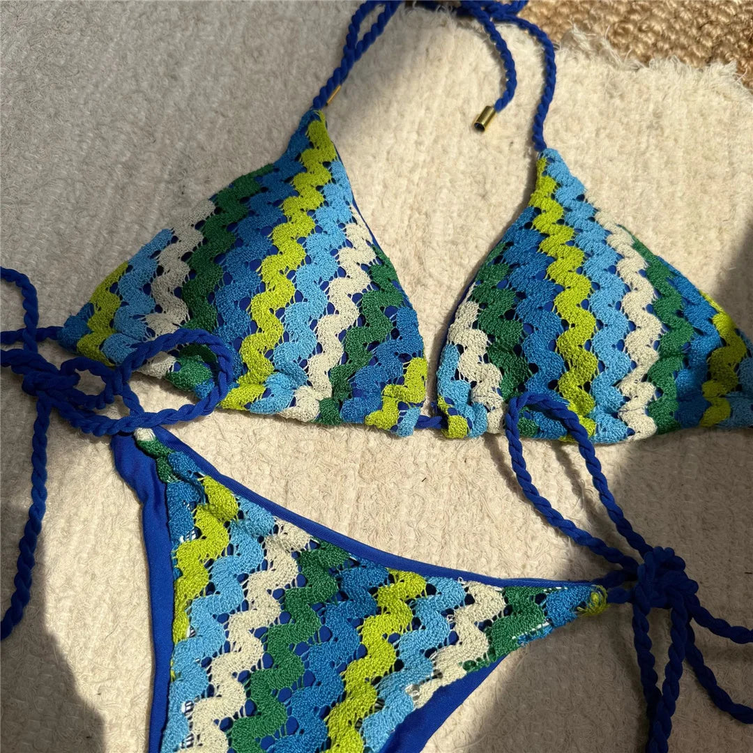 Colorful Halter Bikini Women Swimwear Female Swimsuit Two-pieces Bikini set High Leg Cut Padded Bather Bathing Suit Swim V6991