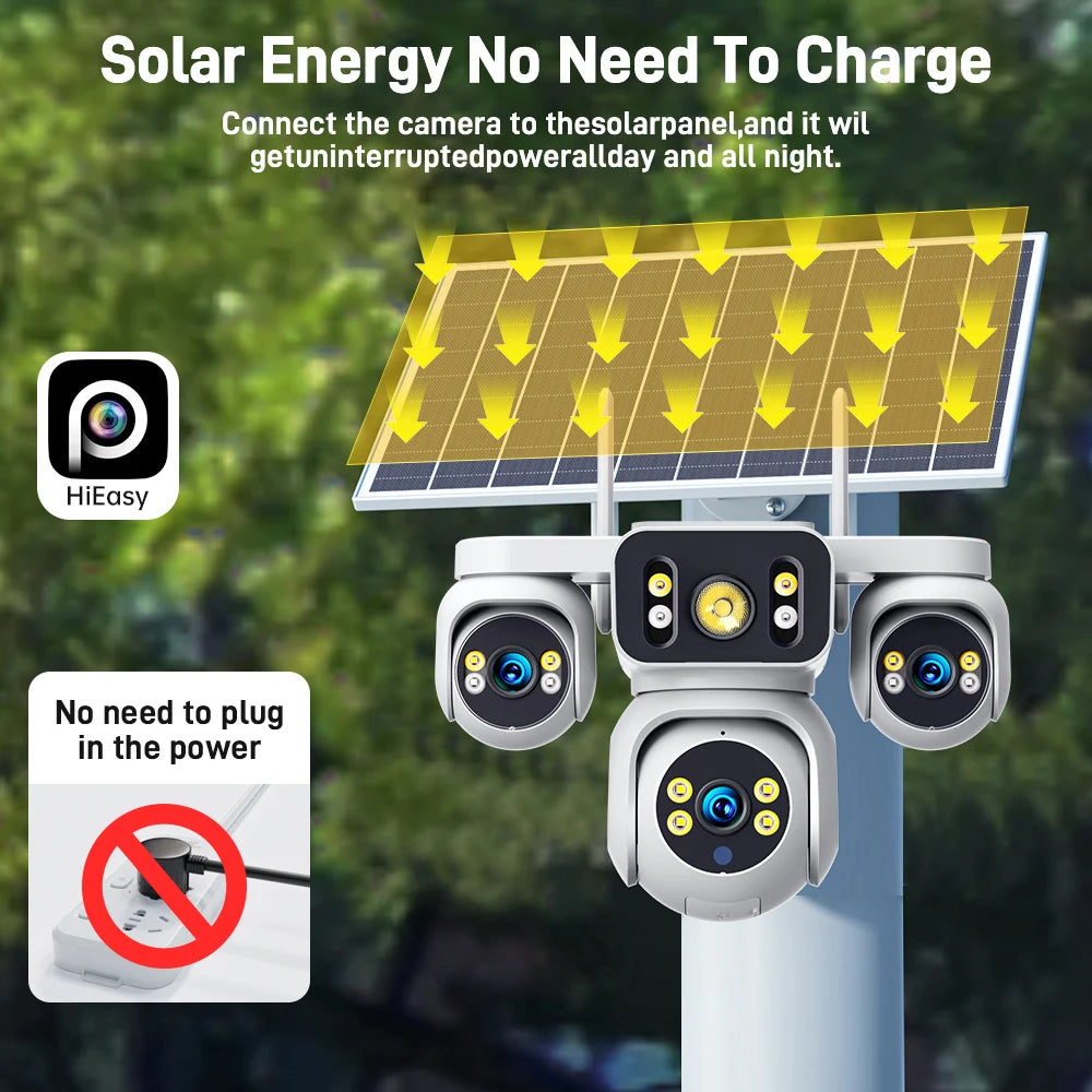 8K 15MP Triple Screen Solar Security Camera 4G LTE Wireless Solar Surveillance Cam 12X Zoom 12000mAh Security Protection CCTV