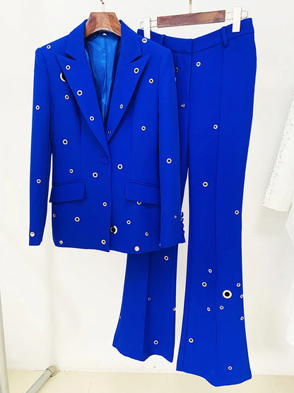 HIGH STREET Newest Designer Fashion Runway Suit Set Women's Slim Fit Single Button Rivet Eyelet Lapel Blazer Pants Set 2pcs