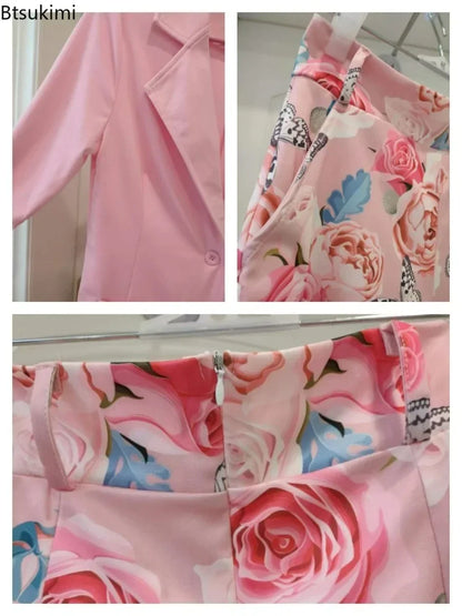 2025 Spring Summer Women's Two Piece Casual Sets Elegant Blazer Suit and Floral Print Shorts Ladies Matching Set Blazer Shorts