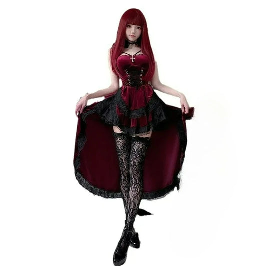 Sexy Lingerie Cosplay Dark Gothic Halloween Costume Ladies Dress Dovetail Witch Vampire Bride Performance Costume Red Suit