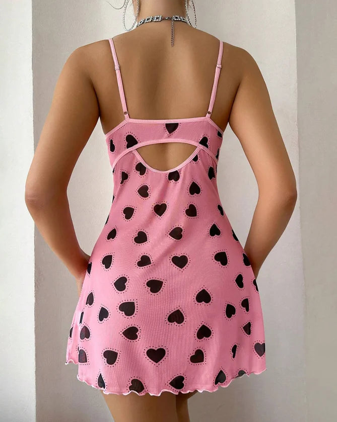Womens Dresses Spring New Fashion Heart Print V-Neck Slip Dress Contrast Lace Bowknot Decor Casual Home Sleep Dress