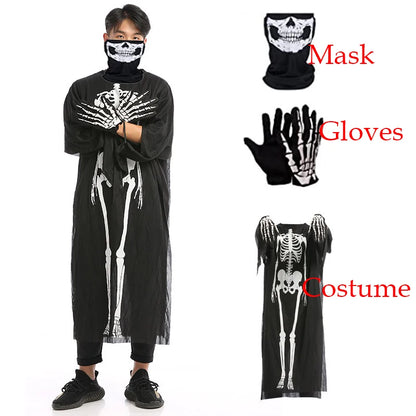 Halloween Scary Skeleton Ghost Cosplay Costume Masks Gloves Costume Suit Masquerade Carnival Horror Clothes for Adults Kids