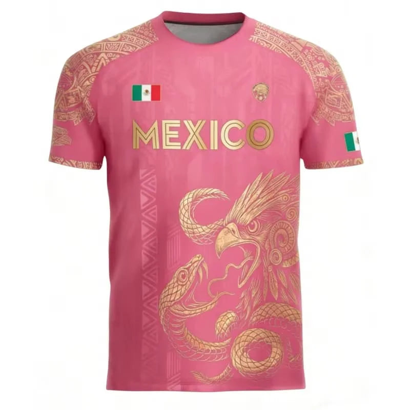 2026 New Summer Mexico Soccer Jersey Men Black Gold Design with Aztec Eagle Snake Print and Mexican Flag for Football Fans
