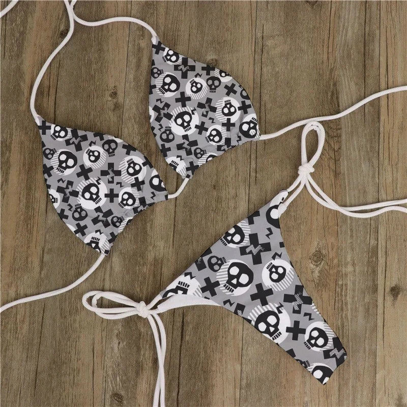 Women Swimwear Skull Printed Swimsuit Biquini Feminino Para Praia 2024 Bikini Set Beach Two Piece Swimwear New Padded Swimsuit