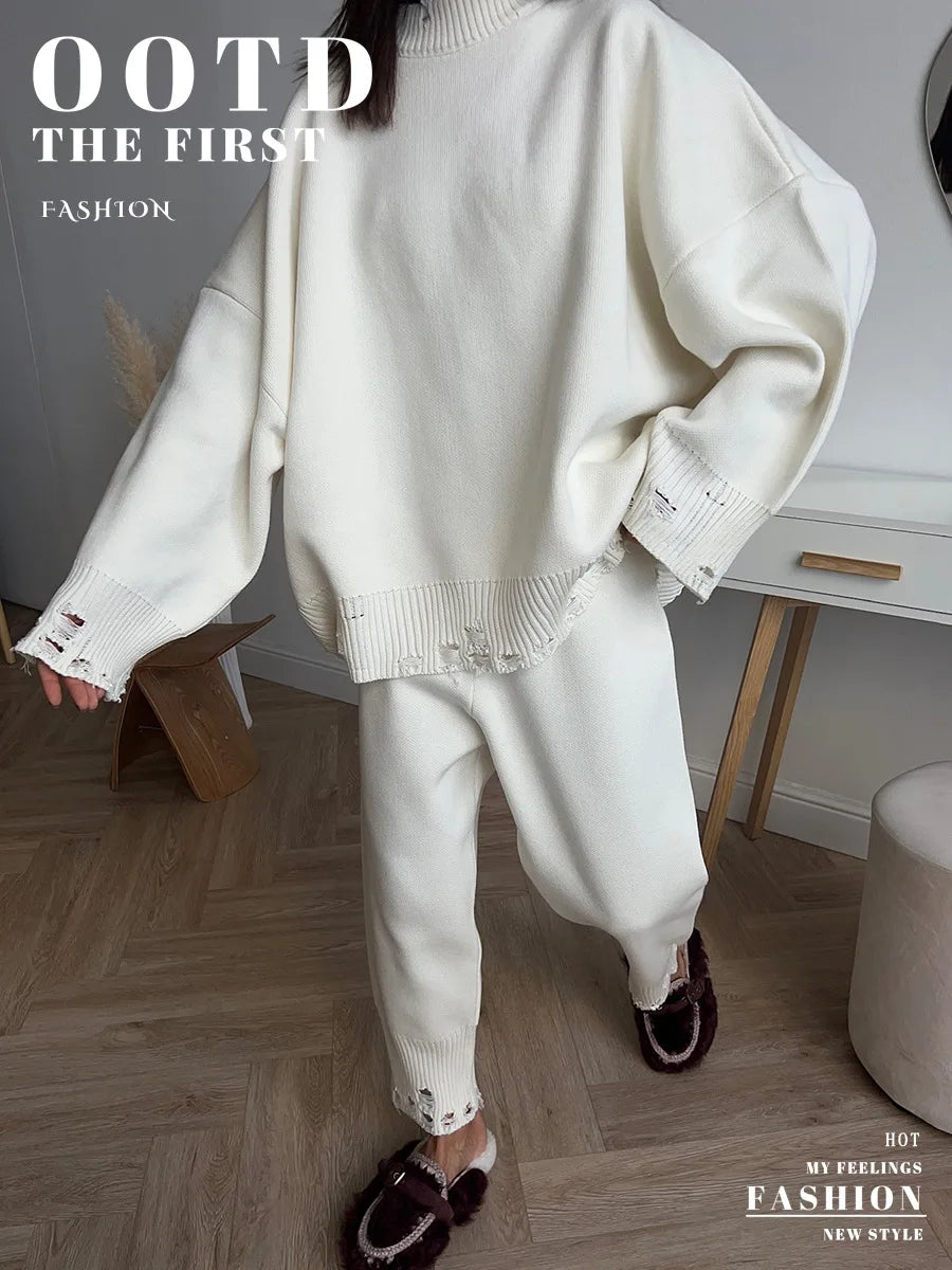Bornladies Autumn Winter Women's New Turtleneck Knit Sweater Skinny Knit Pants Set Soft Oversized Ripped Hem Fashion Pullover