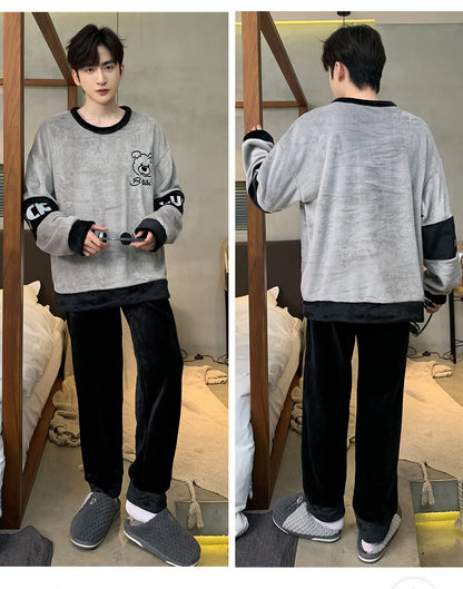 Winter New Thickening Round Neck Long Sleeve 2 Piece Outfit Set Man Flannel Man Clothing Set Advanced Printing Lounge Sets Man