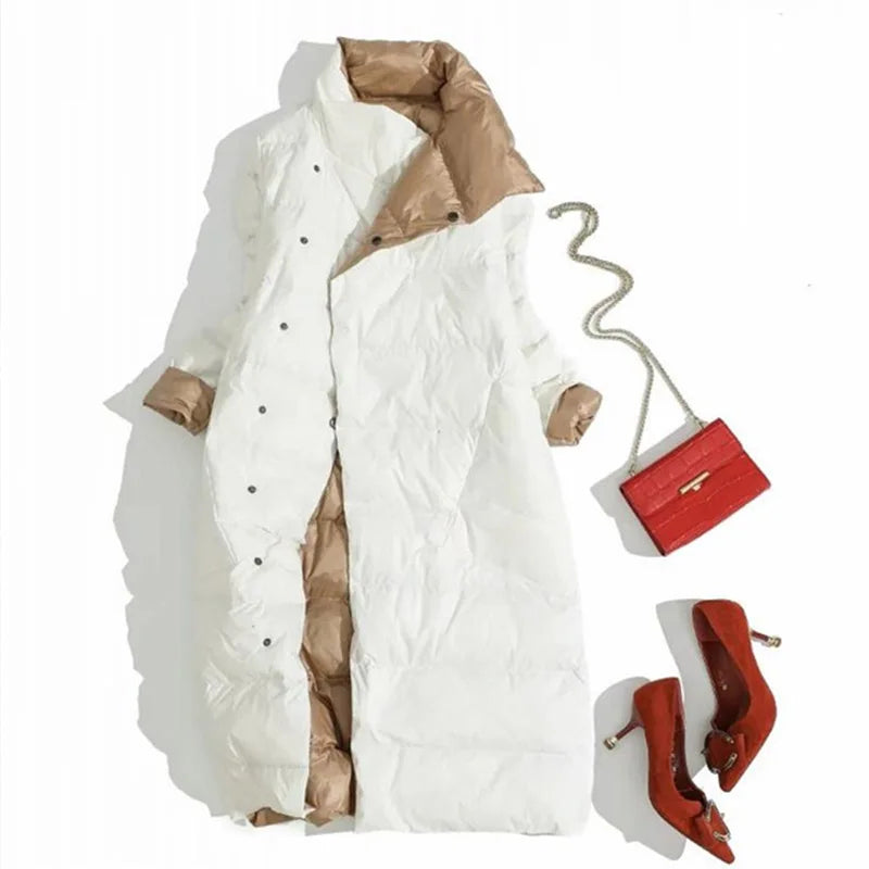 Fashionable White Duck Down New Double-sided Ultra Light Jacket for Women's Winter Slim Fit Single Breasted Warm Parka Coat