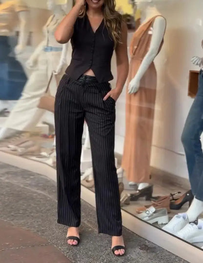 Two Piece Set Women Outfit New Fashion Striped Print V-Neck Front Button Tank & High Waist Pocket Design Straight Pants Set