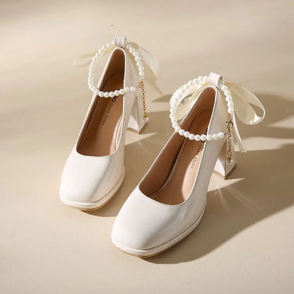 Ladies High Heels Elegant Bow Square Toe Black Fashion Women's Pumps Thick Heel Wedding Party Pearl Lace Wedding Shoes for Women