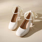 Ladies High Heels Elegant Bow Square Toe Black Fashion Women's Pumps Thick Heel Wedding Party Pearl Lace Wedding Shoes for Women