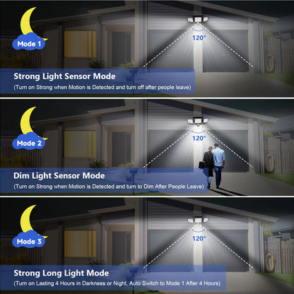 Outdoor Waterproof Solar Light with Motion Sensor 3-Head 200+ LEDs Security Light for Porches Garages Yard Entrances