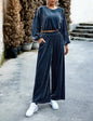 Two Piece Set Women Outfit Spring Velvet Fashion Round Neck Short Sleeve Crop Top & High Waist Casual Wide Leg Pants Set