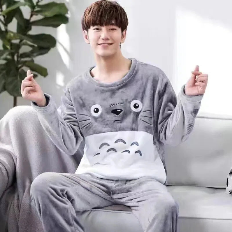 Autumn Winter Oversized Cartoon Print Pajamas for Men Letter Crew Neck New 2025 Men's Pajamas Set Fashion Soft Casual Homewear