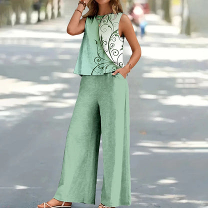 Bohemian Leaf Print Holiday Pants Set Round Neck Elegant Temperament Summer Sleeveless Top And Pants Hawaii Vacation Womenswear