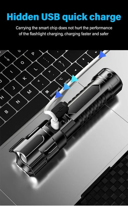 High Strong Power Led Flashlights 2000LM Tactical USB Charging Camping Emergency Fishing Zoom Lantern Torch with Display Light