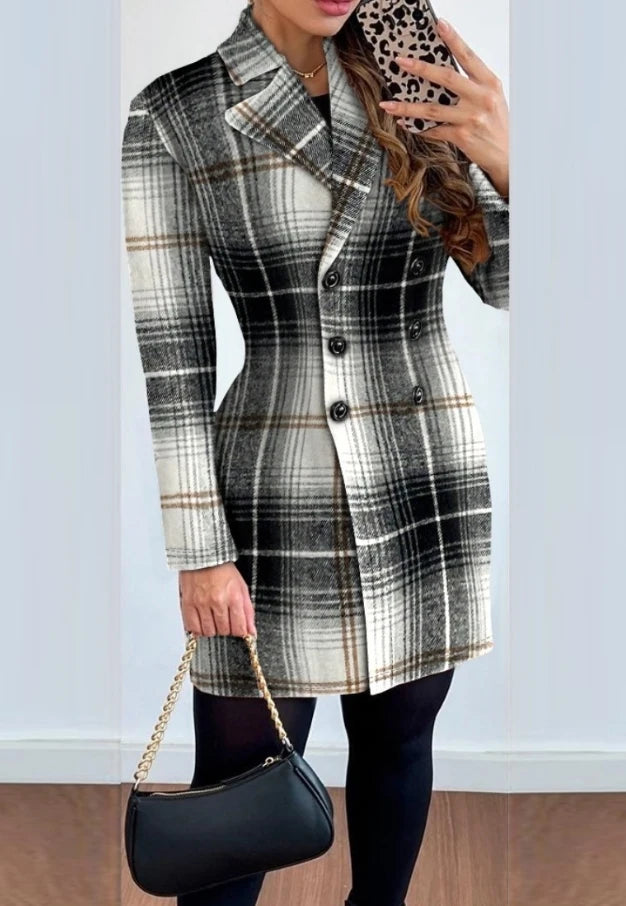Female Jacket Autumn Fashion Double Breasted Plaid Print Elegant Long Sleeved Notched Collar Casual Daily Blazer Coat