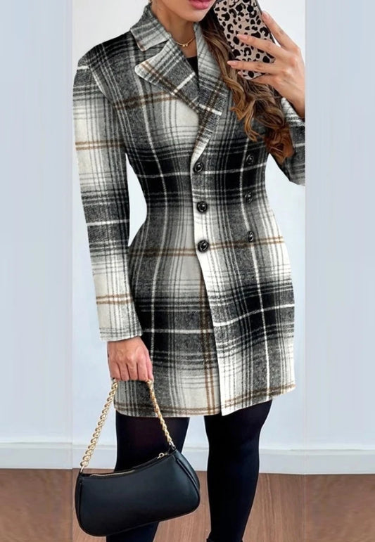 Female Jacket Autumn Fashion Double Breasted Plaid Print Elegant Long Sleeved Notched Collar Casual Daily Blazer Coat