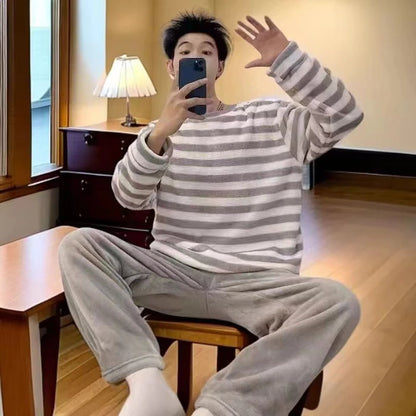 Autumn Winter Oversized Cartoon Print Pajamas for Men Letter Crew Neck New 2025 Men's Pajamas Set Fashion Soft Casual Homewear