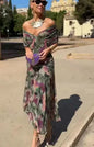 Elegant Women's Bat Sleeve Swing Party Dress Women's Low Breast Cocktail Party Dress Printed Pleated Party Dress Mesh Long Skirt