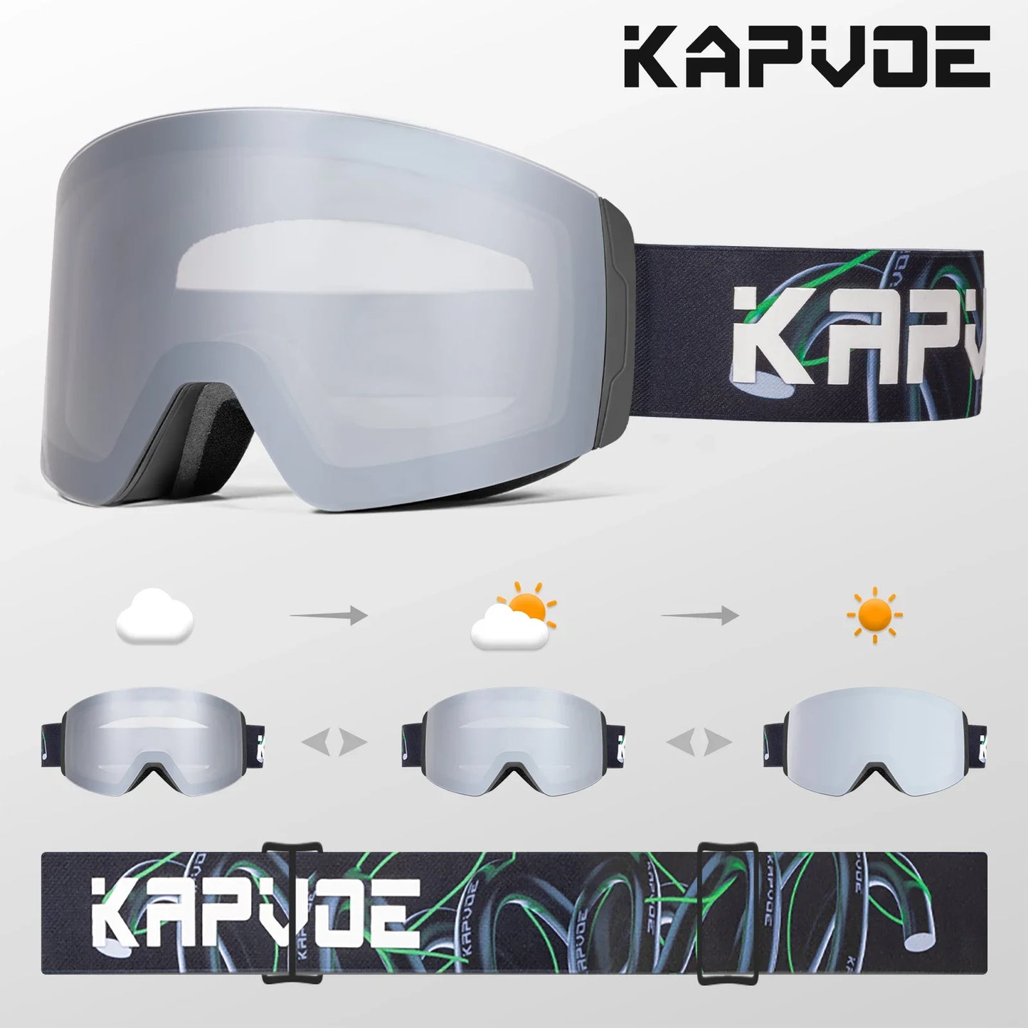 Kapvoe Photochromic Ski Goggles Magnetic Anti-Fog Lenses UV400 Protection Men Women Ski Goggles Winter Sports Eyewear