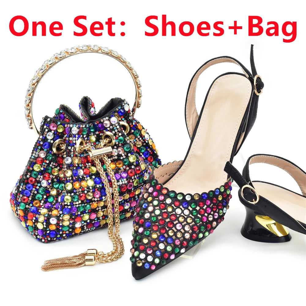 New Fashion Gold Color Shoes and Bags To Match Set Nigeria Party Women's Wedding Bag and Shoe Set Decorated with Rhinestone