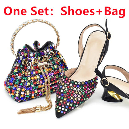 New Fashion Gold Color Shoes and Bags To Match Set Nigeria Party Women's Wedding Bag and Shoe Set Decorated with Rhinestone